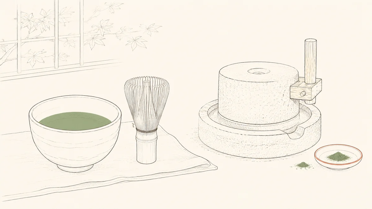 抹茶を点てた茶碗と茶筅、石臼と挽きたての抹茶の粉を並べた線画のイラスト